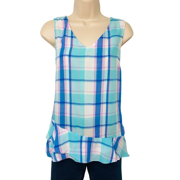 a.n.a. A New Approach Tops - a.n.a. Blue White Pink Plaid Sleeveless Top Ruffled Trim Hem